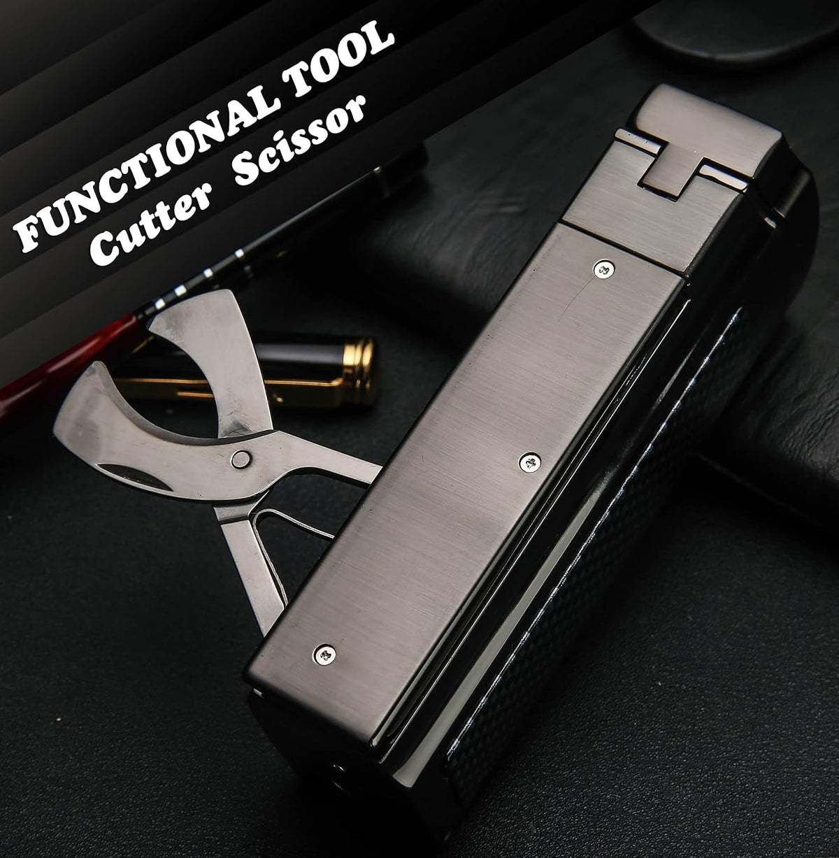 Table Cigar Lighter Large Size Windproof Lighters Metal Torch Butane Lighter 4 Jet Red Flame Refillable Lighters with Two Tools Cigar Punch and Cigar Scissors (Gunmetal)