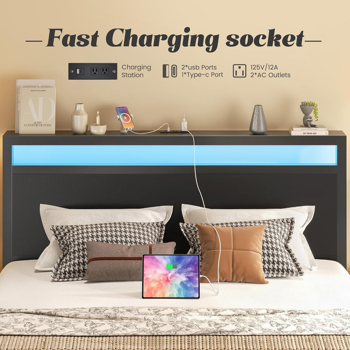 Fluest Queen Bed Frame with Headboard & Footboard, Bed Frame with Built-in Charging Station & LED Light, Storage Shelf, Noise-Free, No Box Spring Needed, Easy Assembly, Classic Black