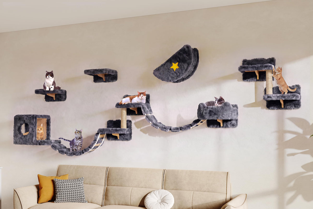 13-in-1 Cat Wall Shelves, Moon & Bridge Cat Wall Furniture, Beige