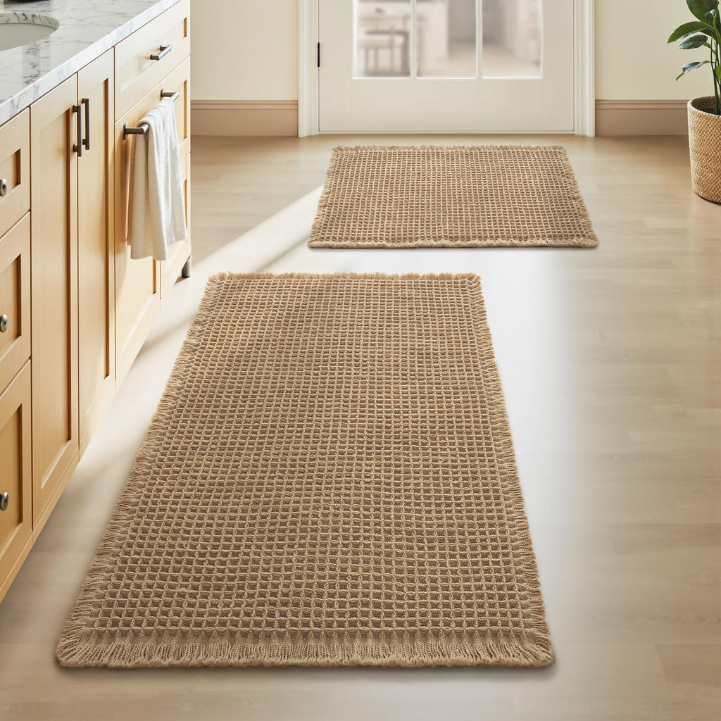 Upgraded Waffle Bath Mat Set of 2 Absorbent Bathroom Mat 18"x30" + 24"x48"