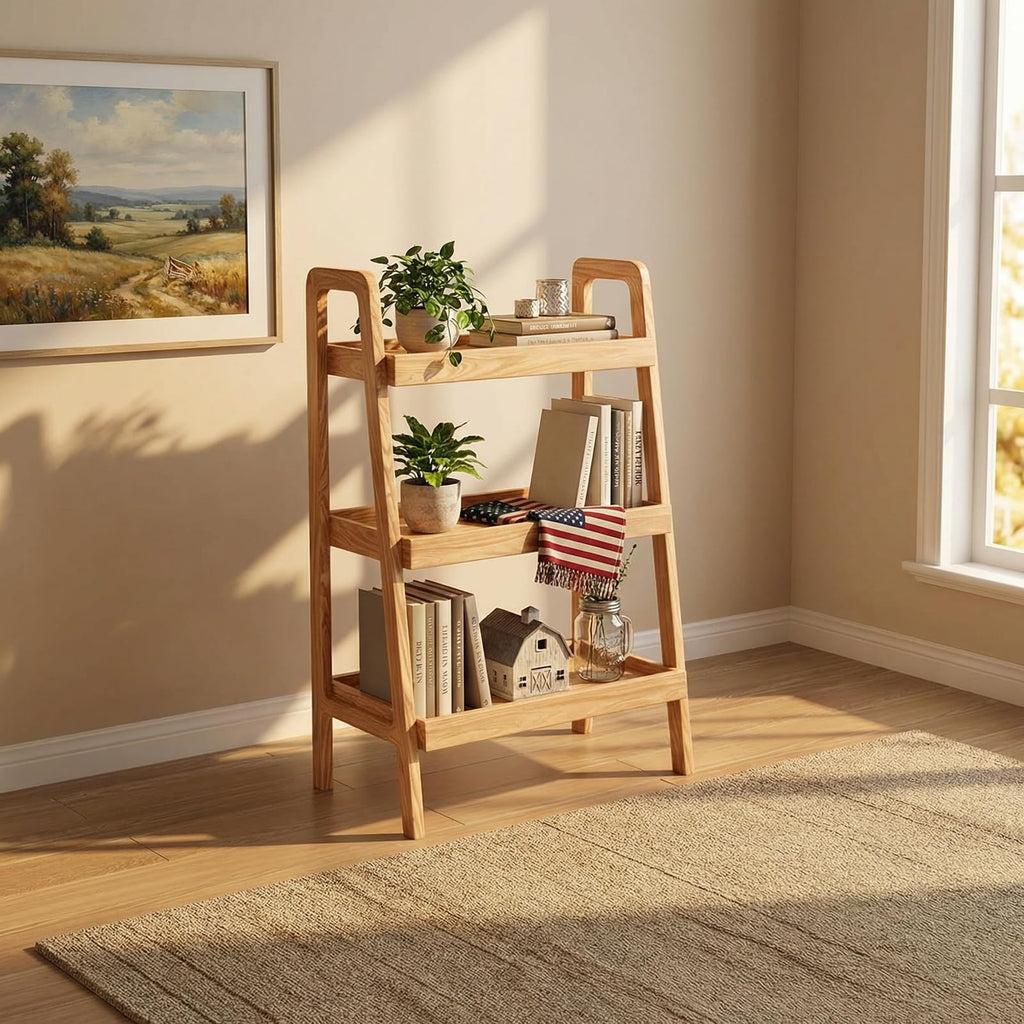 100% Solid Oak 3 Tier Ladder Shelf for Saving Space, Small Bookshelf with Stable Frame, Free Standing Ladder Shelves for Living Room Bedroom Couch, (Natural, 17.72" W x 12.6" L x 31.5" H)