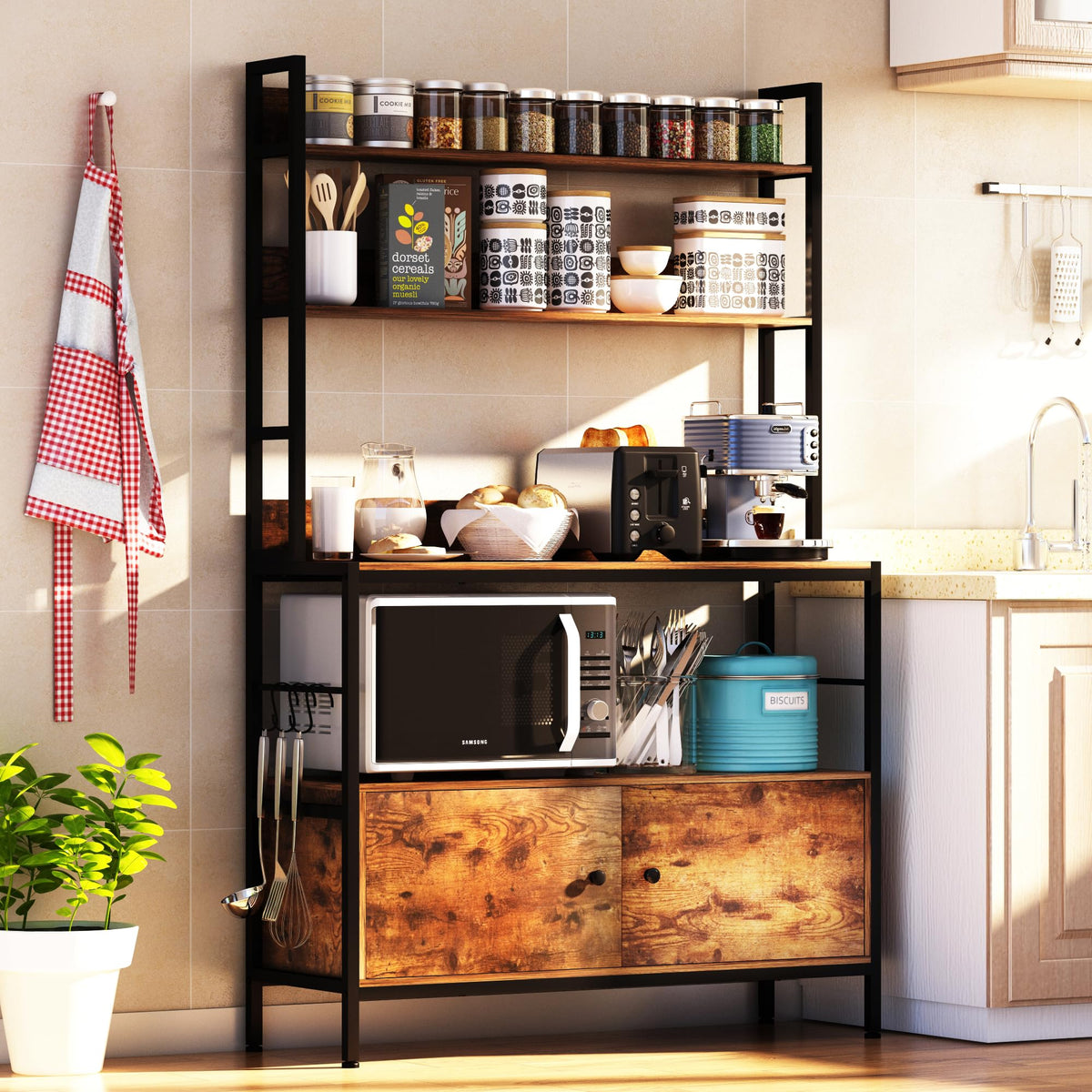 Kitchen Bakers Rack with Baskets,5-Tier Free Standing Storage Shelf Rack,Industrial Microwave Oven Stand,Metal Kitchen Rack Organizer with Hooks