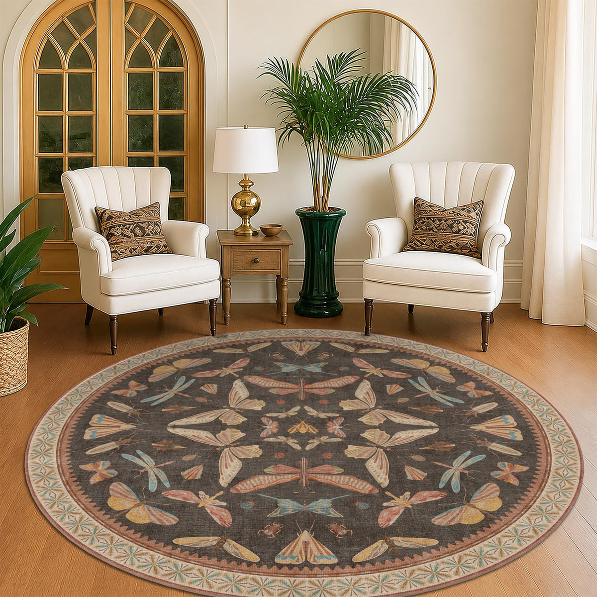Hazo Haus Dark Green Insect Area Rugs 8x10 for Living Room, Dining Room Under Table, Bedroom, Unique Washable Floral Non Slip Low Pile Soft Rug