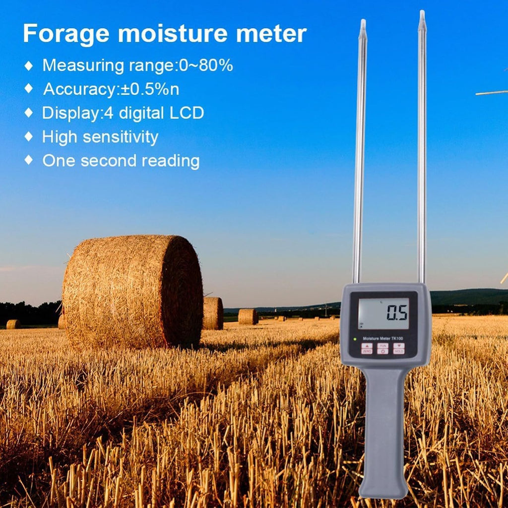 TK100 Multifunctional Moisture Meter, Portable Hay Probe Moisture Tester, Inductive Digital Moisture Detector Forage and Grain Analyzer for Tea Corn Straw Bran Plastic Granules and More Fiber