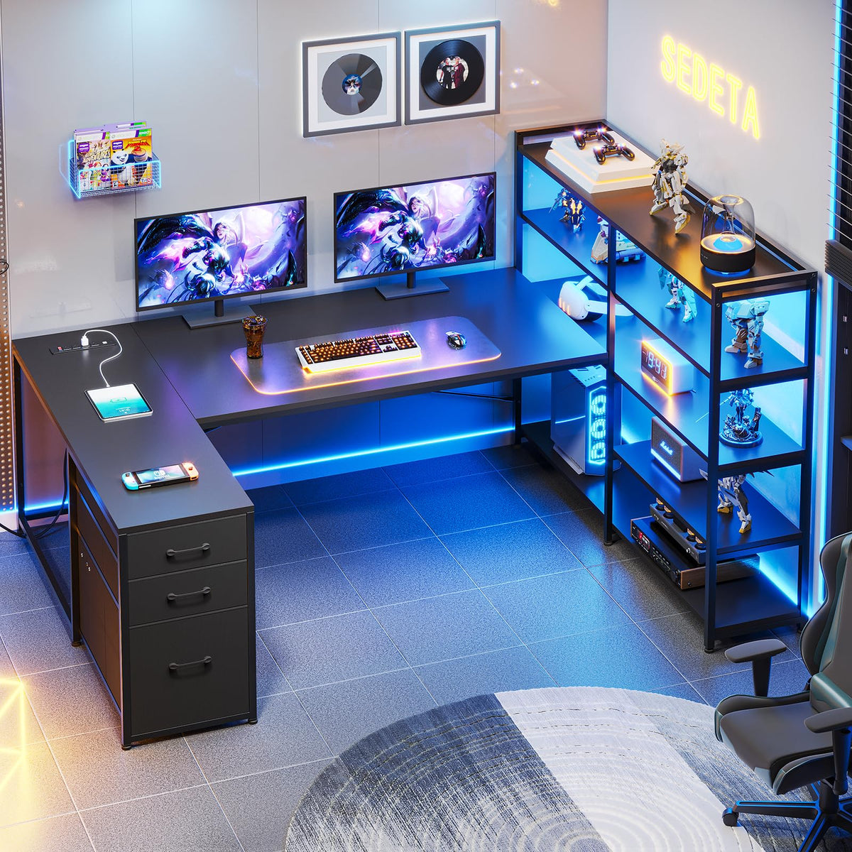 SEDETA 64.5" Reversible L Shaped Gaming Desk with Storage Drawers, Shelves
