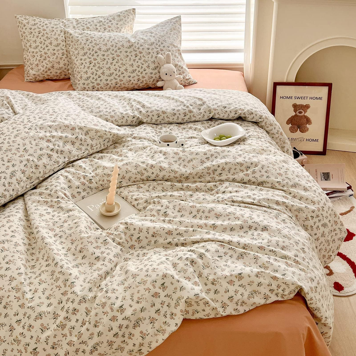 LifeTB Green Floral 100% Jersey Knit Cotton Duvet Cover Queen Vintage Style Botanical Floral Bedding Set Chic Shabby Green Floral Comforter Cover Girl Women Flower Bedding Cover with 2 Pillowcases