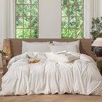 MooMee Striped Duvet Cover Set 100% Washed Cotton Linen Like Queen