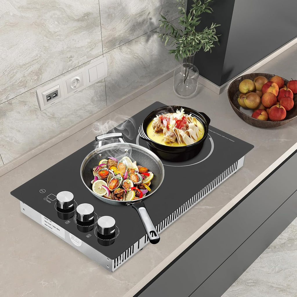 2 Burners Electric Cooktop, 20 Inch 110V 1700W Electric Ceramic Cooktop Built-in Electric Stove Top with 5 Power Levels and Kid Safety Lock and Timer (No Plug)