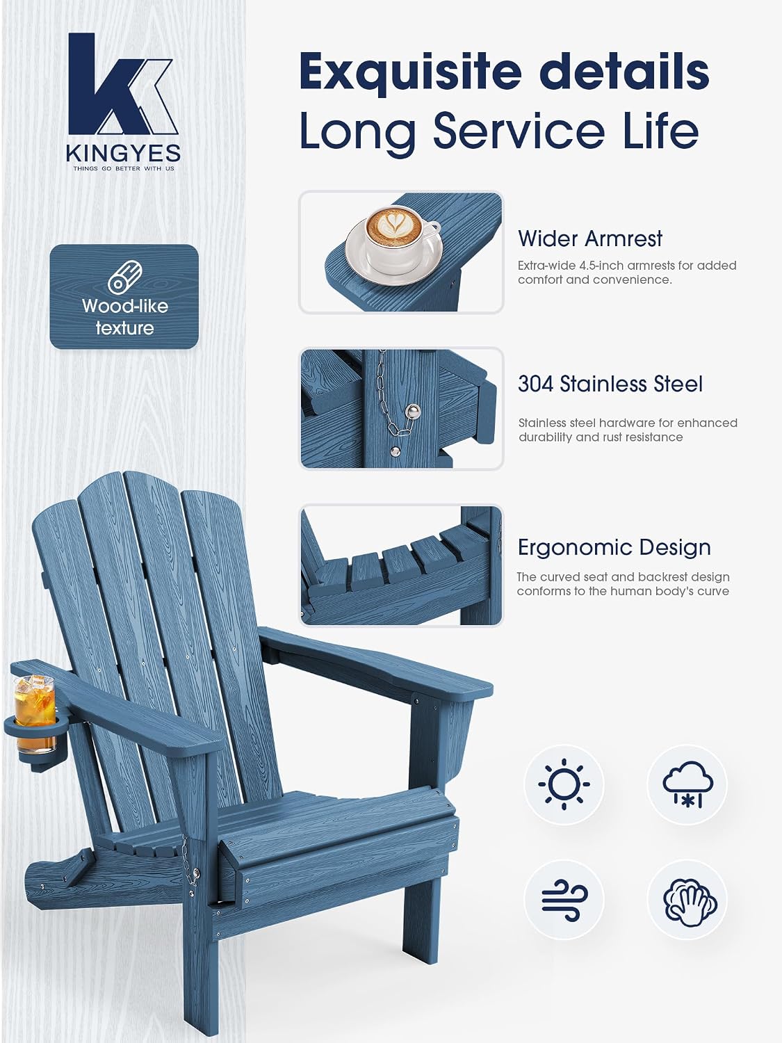 KINGYES Folding Adirondack Chair Set of 4 with Cup Holder, Navy