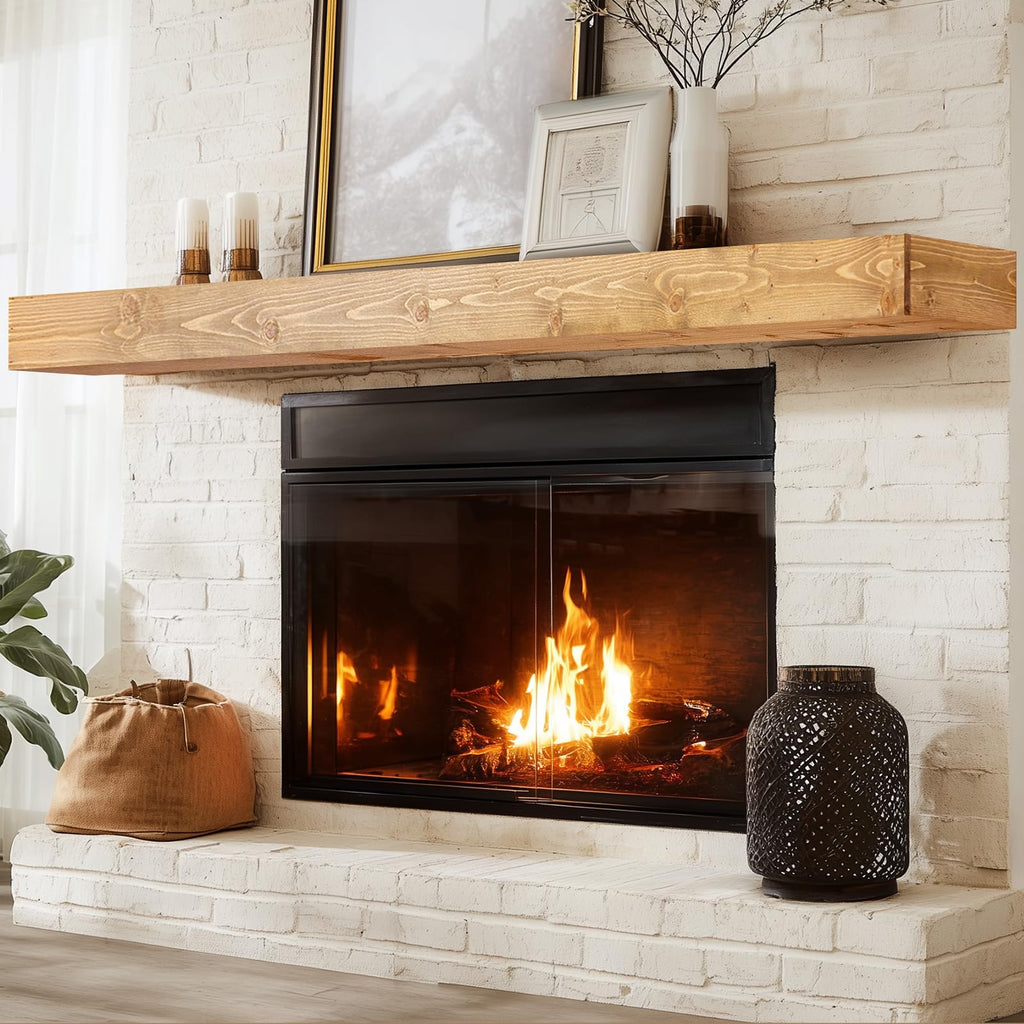 60x8x3in Rustic Fireplace Mantel Pine Wood, Weathered Brown