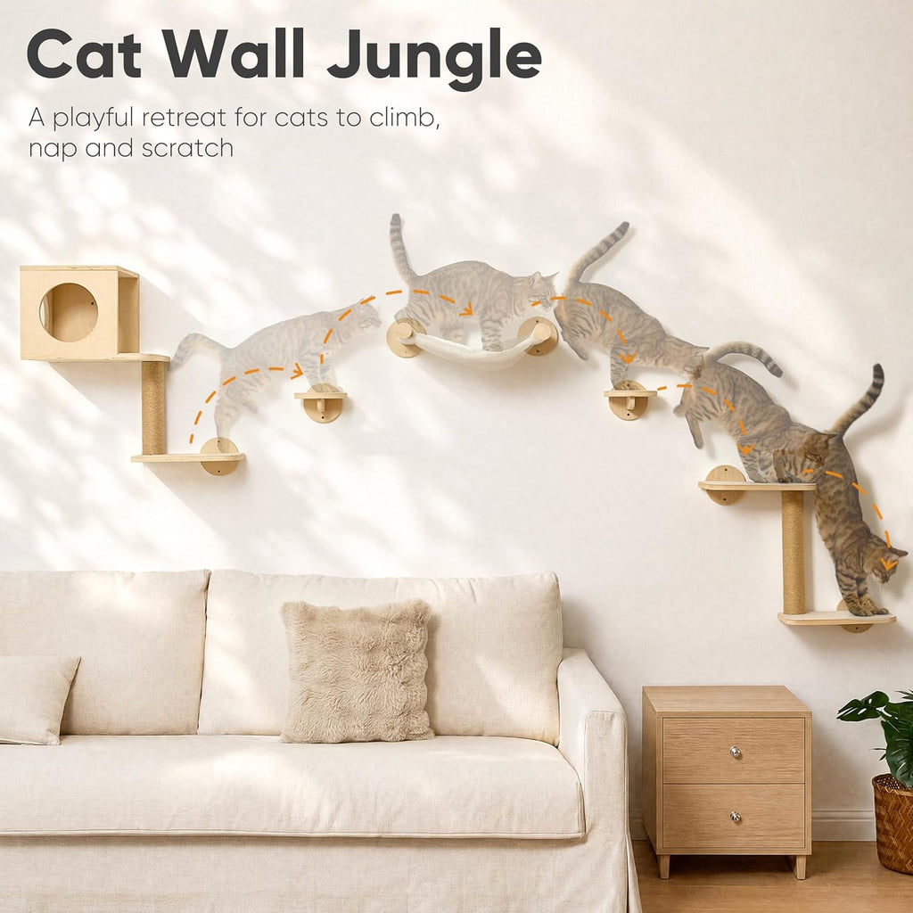 FUKUMARU Cat Wall Shelves, 5 in 1 Set, Beige