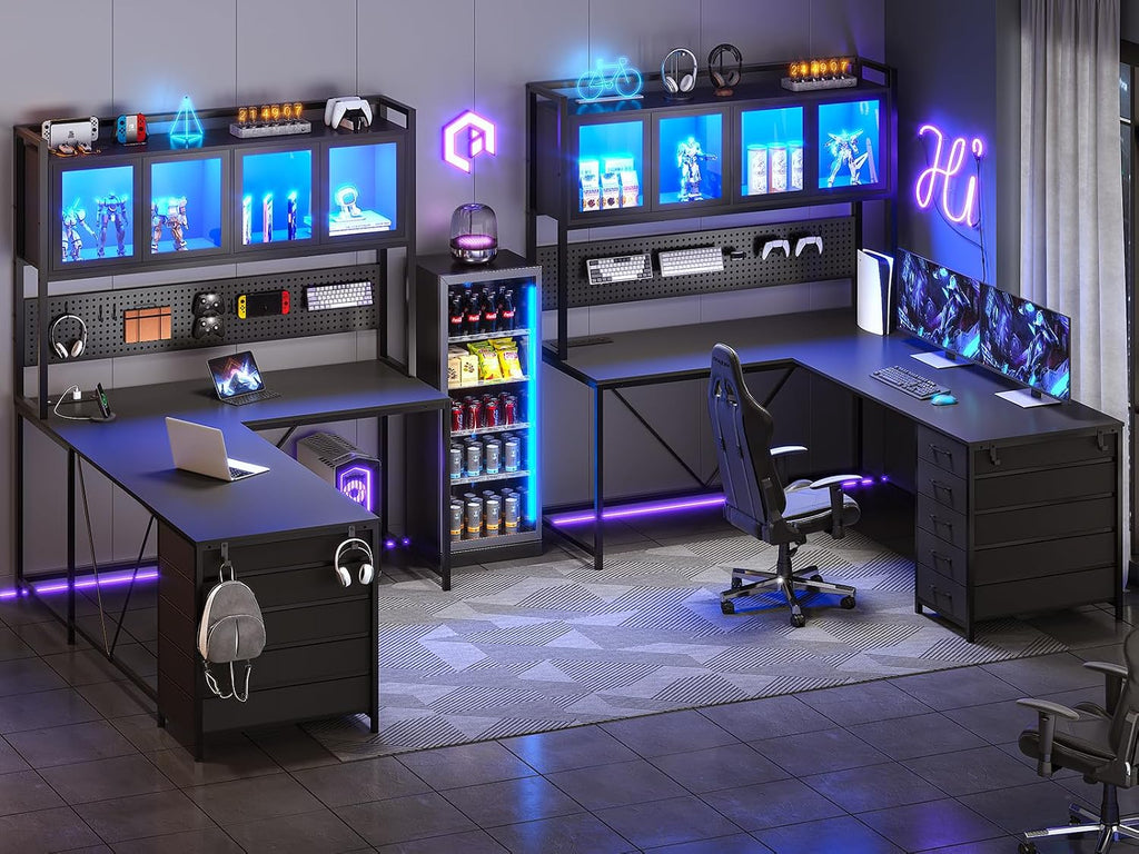 SEDETA L Shaped Gaming Corner Desk with Drawers, Hutch and Storage Shelves