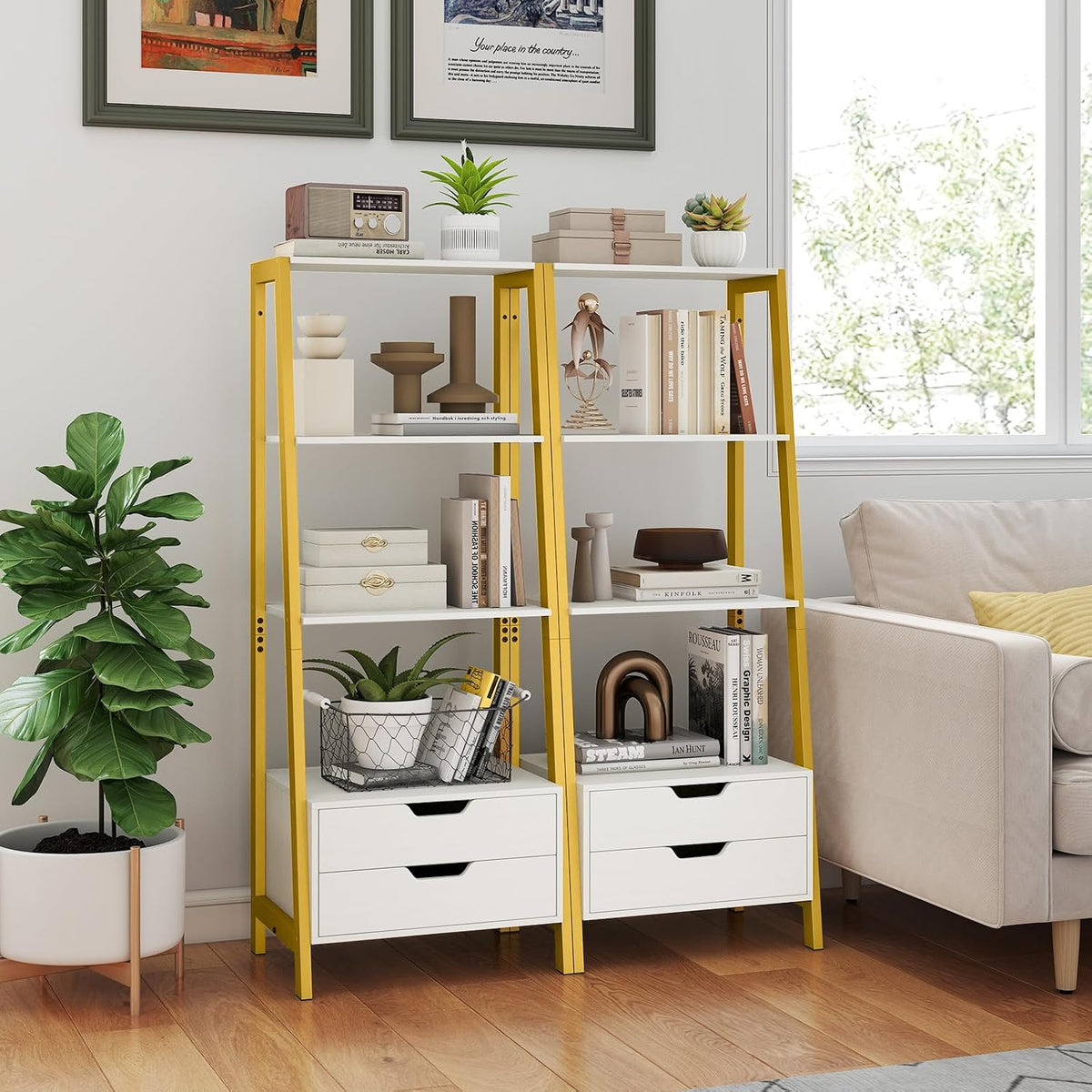 GIANTEX 4-Tier Bookshelf with 2 Drawers Set of 2, Modern Ladder Bookshelf w/Storage, Sturdy Metal Frame, Anti-toppling Devices, Display Standing Shelf Unit, Freestanding Bookcase, White & Gold