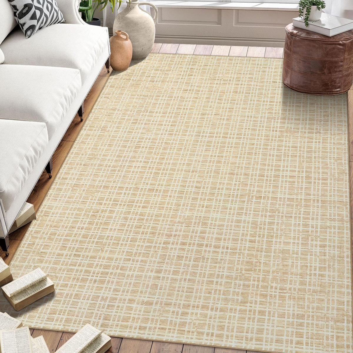 Modern Washable 8x10 Area Rug - Soft, Non-Slip, Stain Resistant, Farmhouse Tartan Plaid for Living Room, Bedroom, Nursery, Office - Beige
