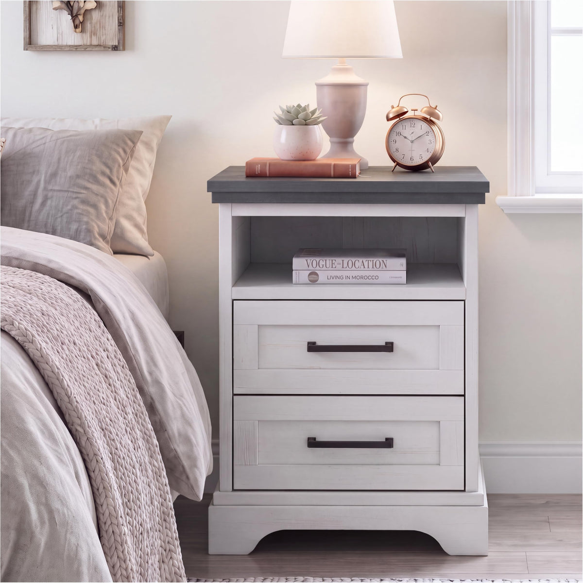 DUMOS Farmhouse Nightstand with Built-in Charging Station & USB Ports