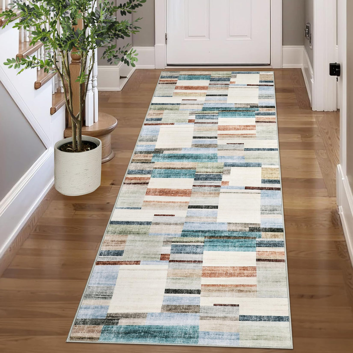Modern Washable 8x10 Area Rug - Soft, Non-Slip, Stain Resistant, Farmhouse Tartan Plaid for Living Room, Bedroom, Nursery, Office - Beige
