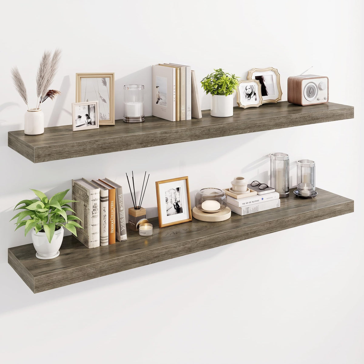 Marsmiles 55" Floating Shelves for Wall, Wooden Shelves with Invisible Brackets Set of 2, Rustic Farmhouse Wall Mounted Shelf for Kitchen Bathroom Living Room Study, White