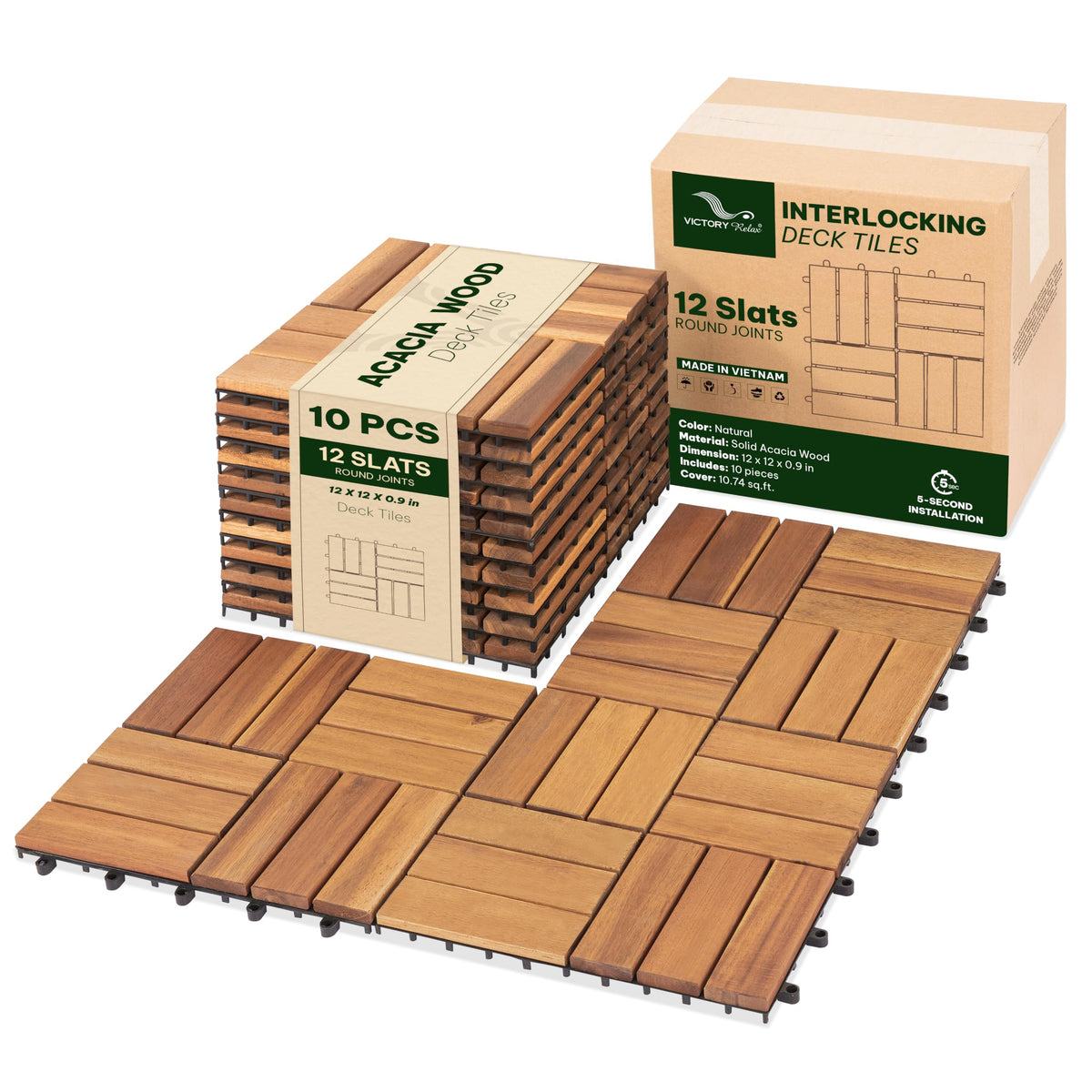 VICTORY RELAX Natural Acacia 12x12 Interlocking Wood Deck Tiles for Balcony, Garden, Patio, Poolside Decor - Waterproof Indoor & Outdoor Flooring - 12 Slats, Round Joints, Pack of 27, Natural Color