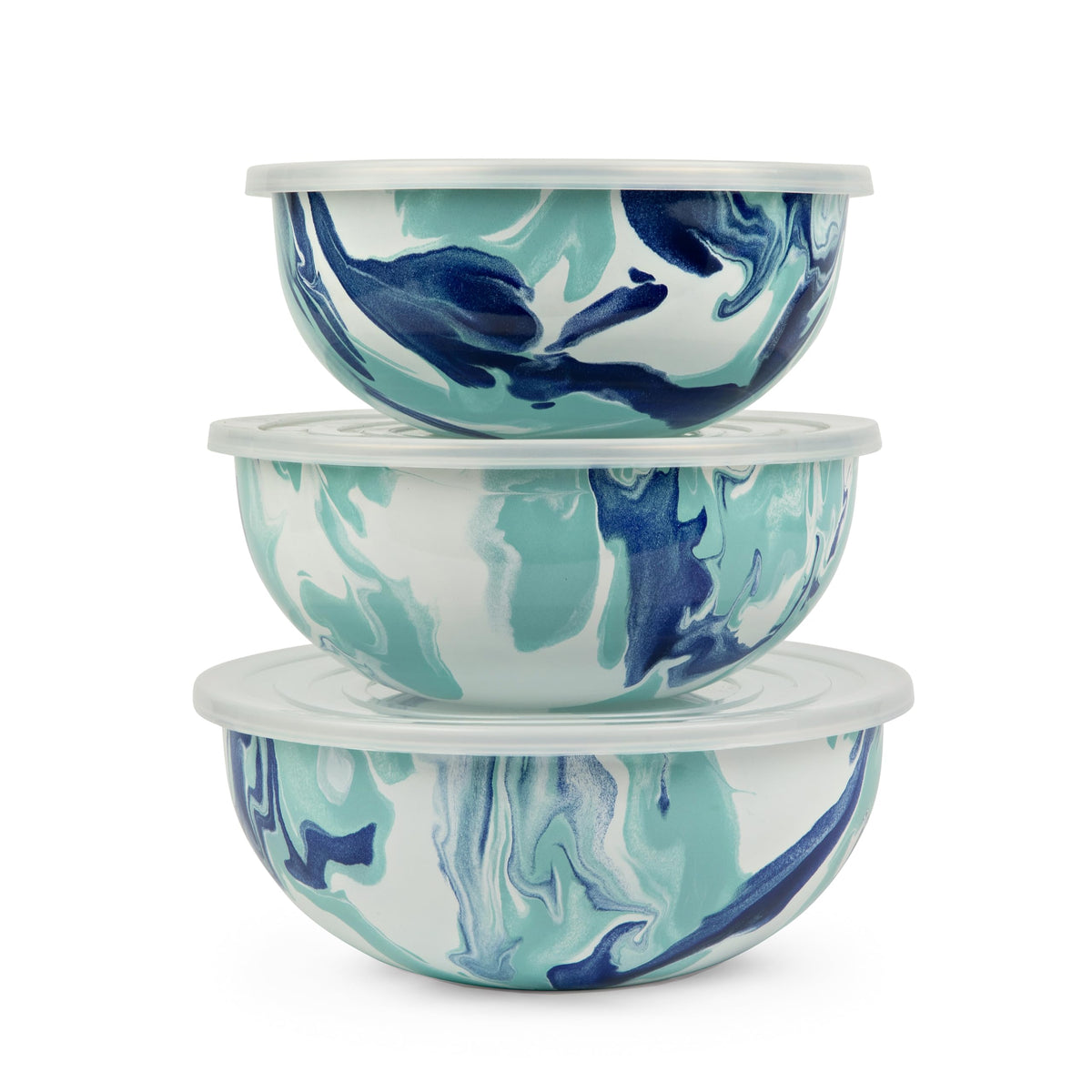 Golden Rabbit Enamelware Nested Mixing Bowls with Lids, Set of 3, Sea Glass