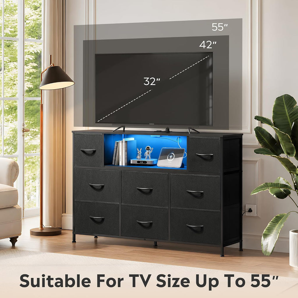 LED TV Stand for 55 Inch TV, 8 Drawers, Black