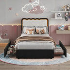 IDEALHOUSE Twin LED Bed, 2 Drawer Trundle, Pink Wave Headboard