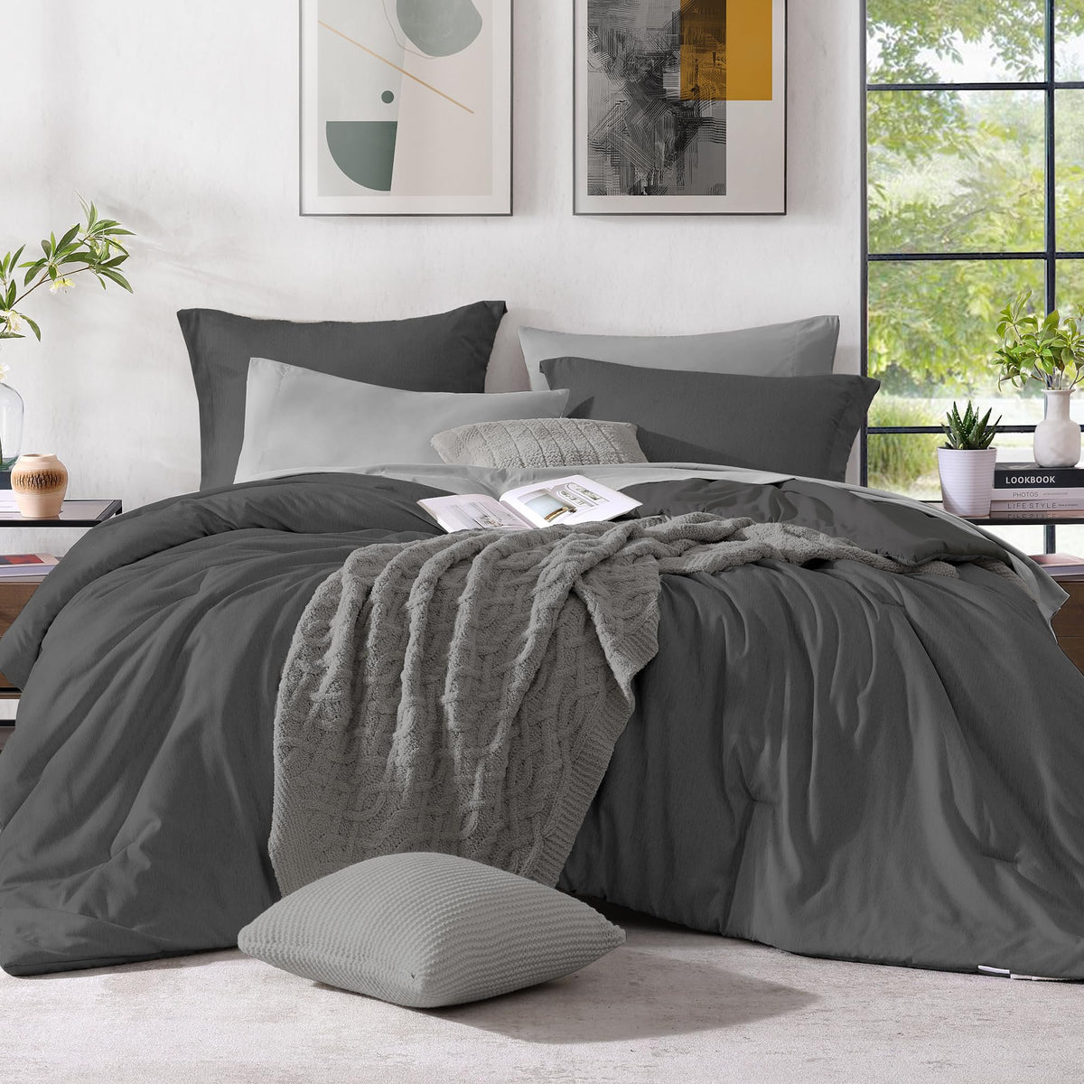 Monbix King Size Comforter Set Olive Green 7 Pieces Bed in a Bag