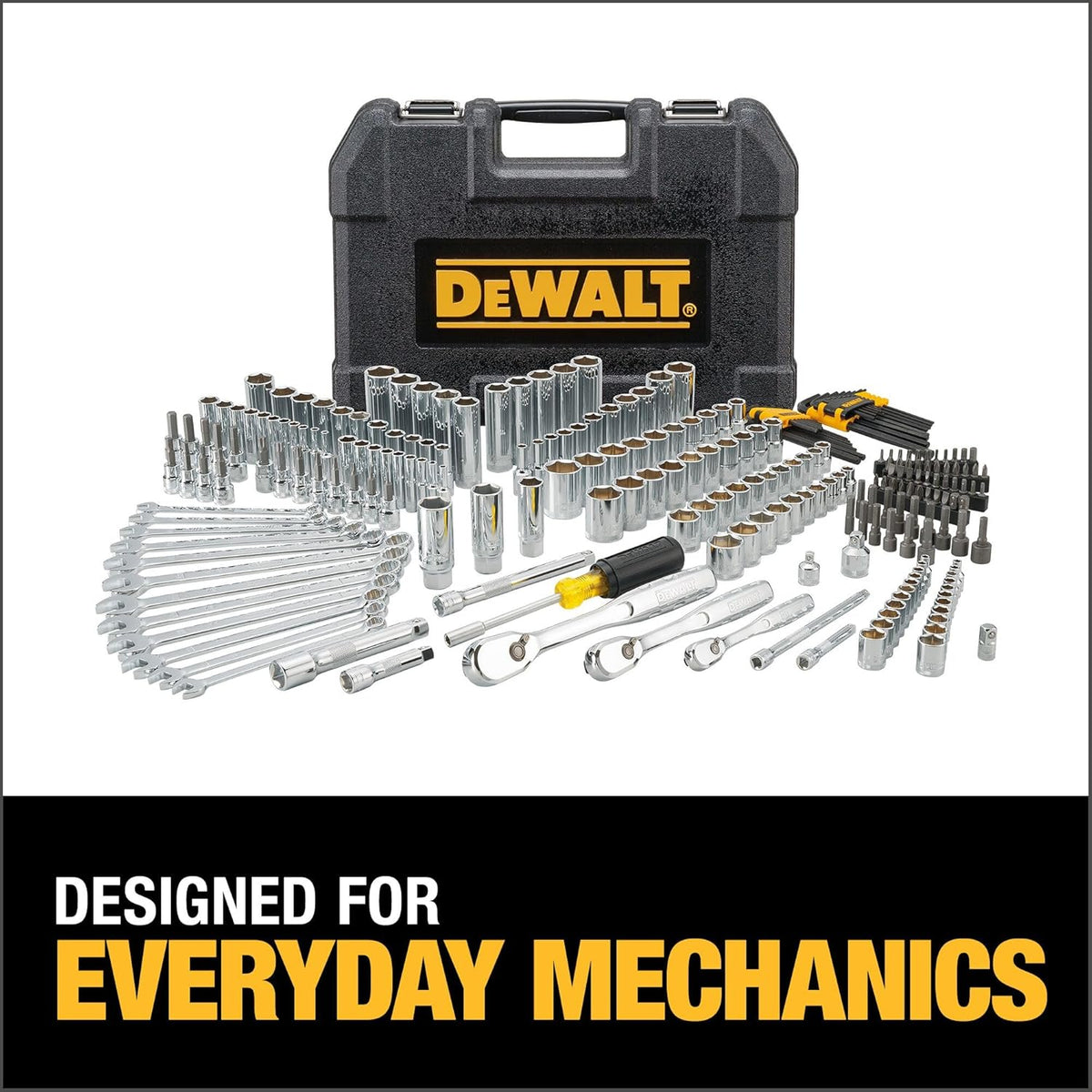 DEWALT Mechanic Tool Set, 247-Piece, 1/4 in., 3/8 in. and 1/2 in. Drive, SAE, Ratchets, Sockets, Hex Keys, Combination Wrenches, Polish Chrome Finish (DWMT81535)