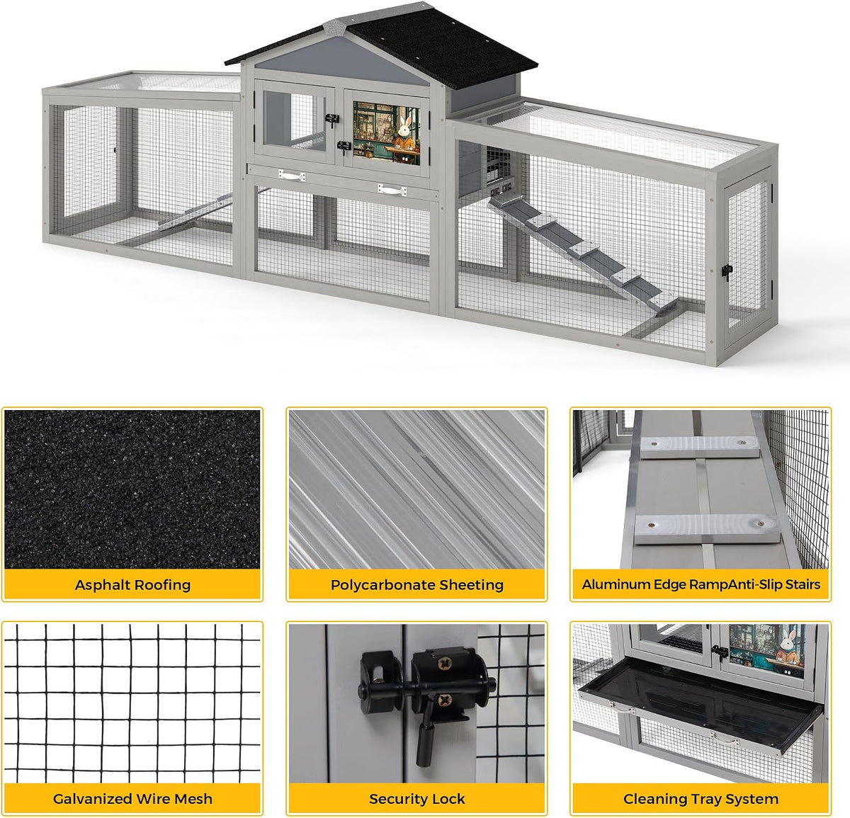 COZIWOW 92in Rabbit Hutch, 2-Tier Bunny Cage with Asphalt Roof & 3 Run Boxe