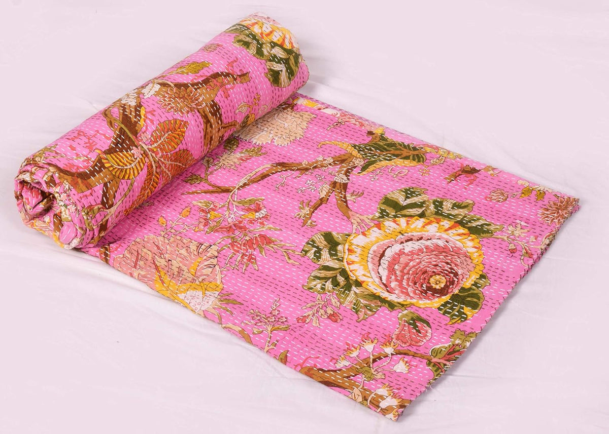 Indian Floral Print TwinQueen/King Size Kantha Quilt Kantha Blanket Bed Cover Kantha Bedspread Bohemian Bedding Kantha Blanket (Pink, Queen (U.S. Standard))