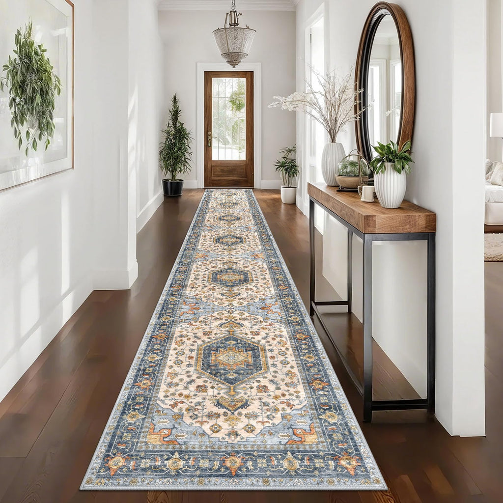 KUTA Vintage Extra Long Runners for Hallways 2.6x18ft Washable Blue White
