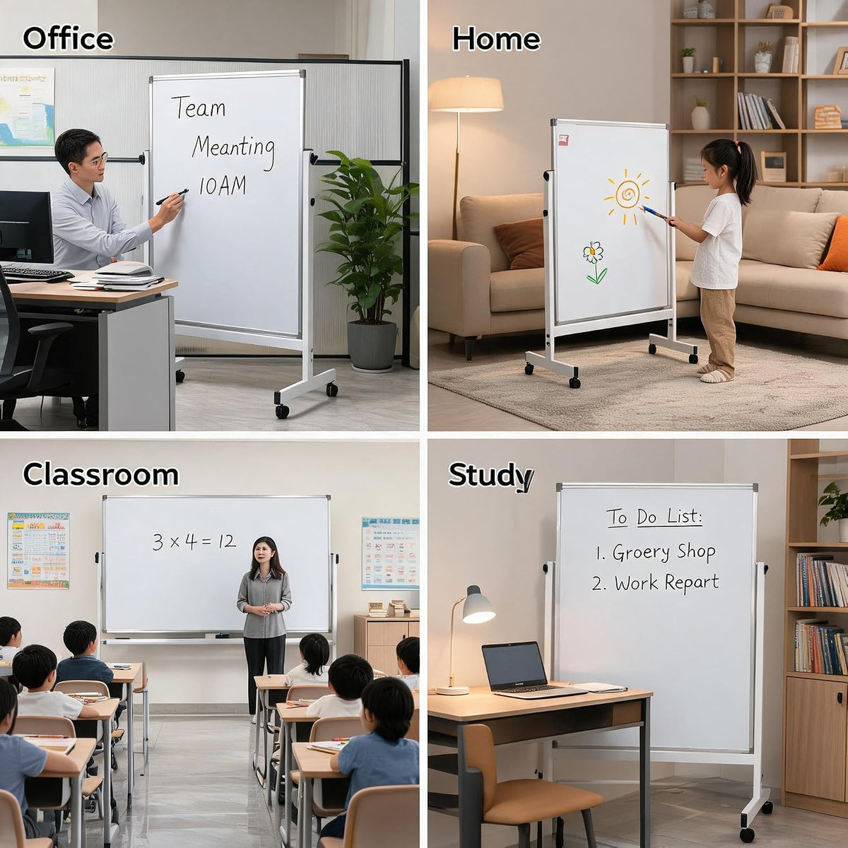 40x28 Rolling Whiteboard with Stand, Double Sided Magnetic Dry Erase Board on Wheels, Mobile Freestanding White Board for Office, Classroom & Home Use