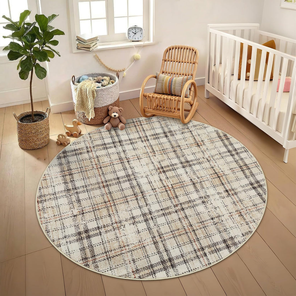 Modern Washable 8x10 Area Rug - Soft, Non-Slip, Stain Resistant, Farmhouse Tartan Plaid for Living Room, Bedroom, Nursery, Office - Beige
