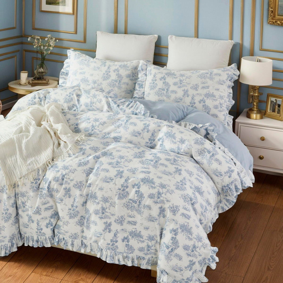 Brandream French Country Toile Queen Duvet Cover Set for Girl Women Bedroom Vintage Pink Toile Floral Print 100% Cotton Duvet Quilt Comforter Cover Pillow Shams Set with Delicate Ruffle Fringe
