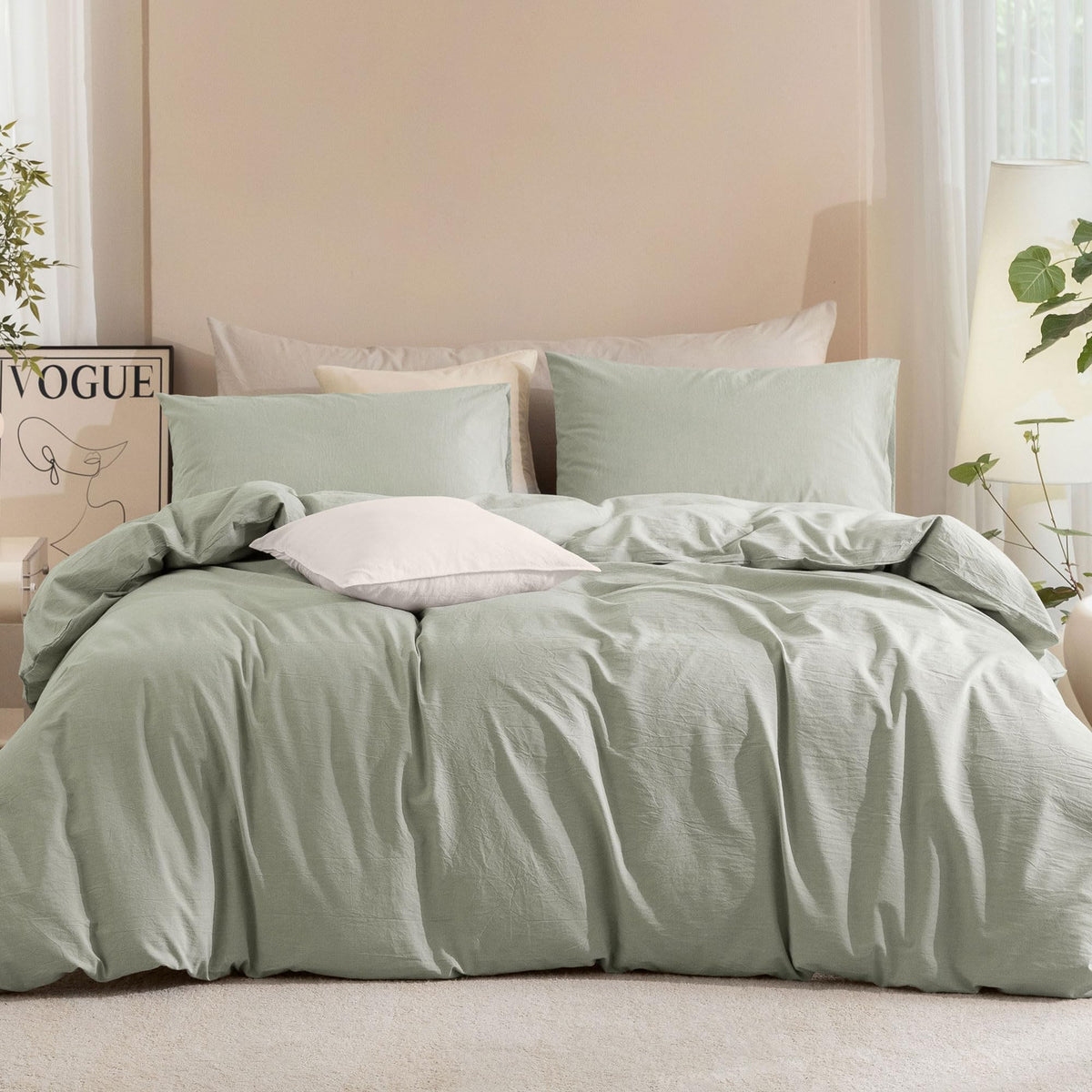 JIYUAN Queen Washed Cotton Duvet Cover Set, 3-Piece, Relaxed Linen Feel