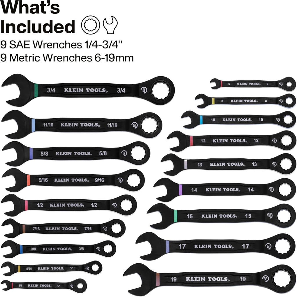 KLEIN TOOLS 69418CG 18-Piece Combination Ratcheting Wrench Set