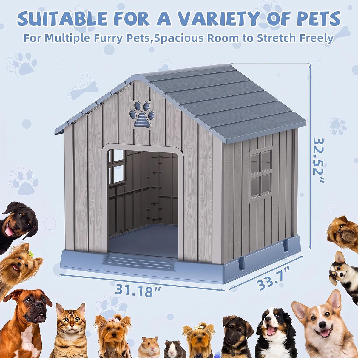 35 Inch Dog House Outdoor with Windows,Indoor/Outdoor,Blue