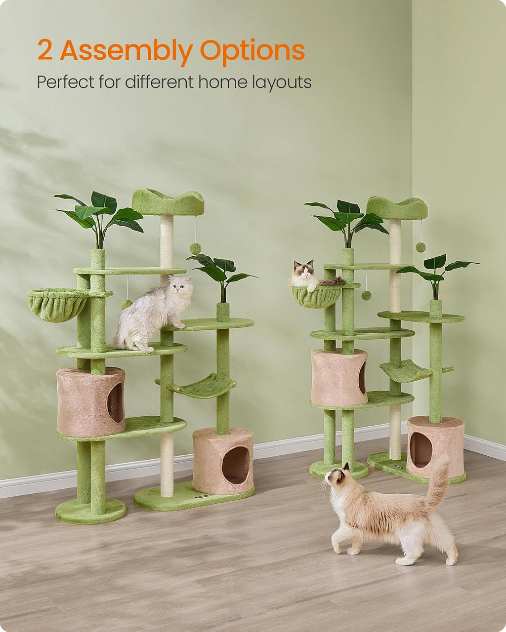 Feandrea Cat Tree, 68.1-Inch Multi-Level Plush Cat Tower, Artificial Leaves