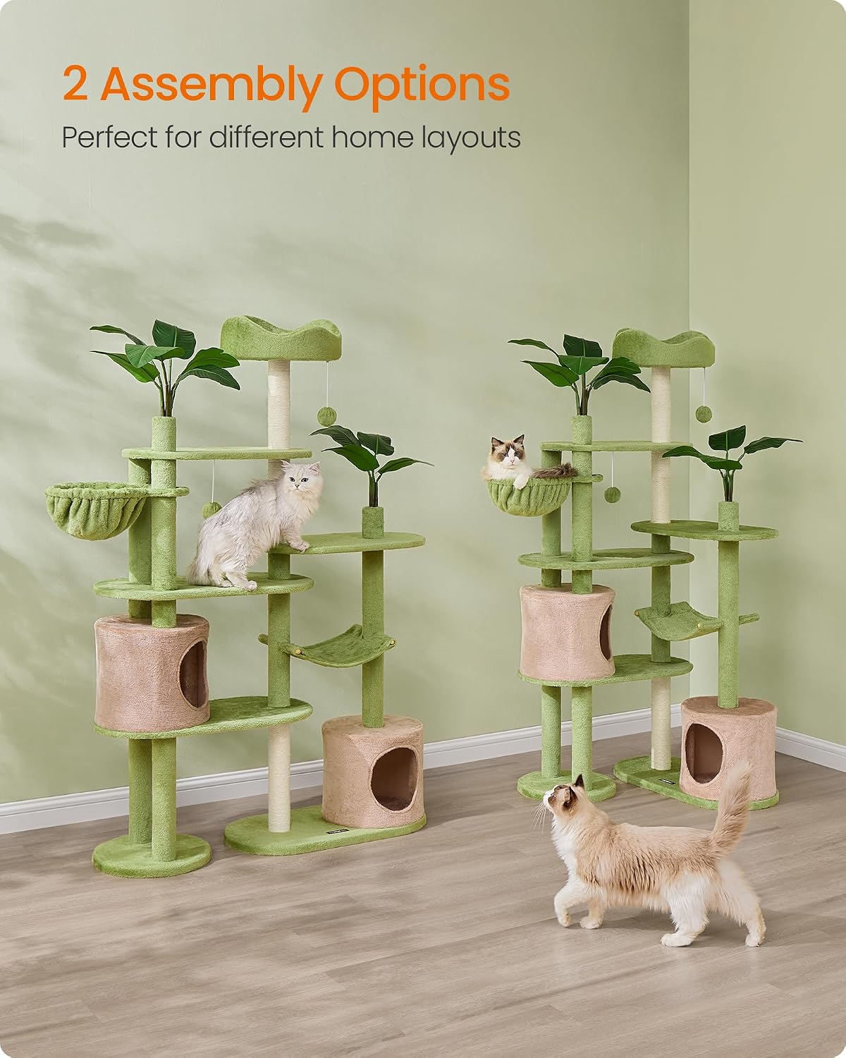 Feandrea Cat Tree, 68.1-Inch Multi-Level Plush Cat Tower, Artificial Leaves
