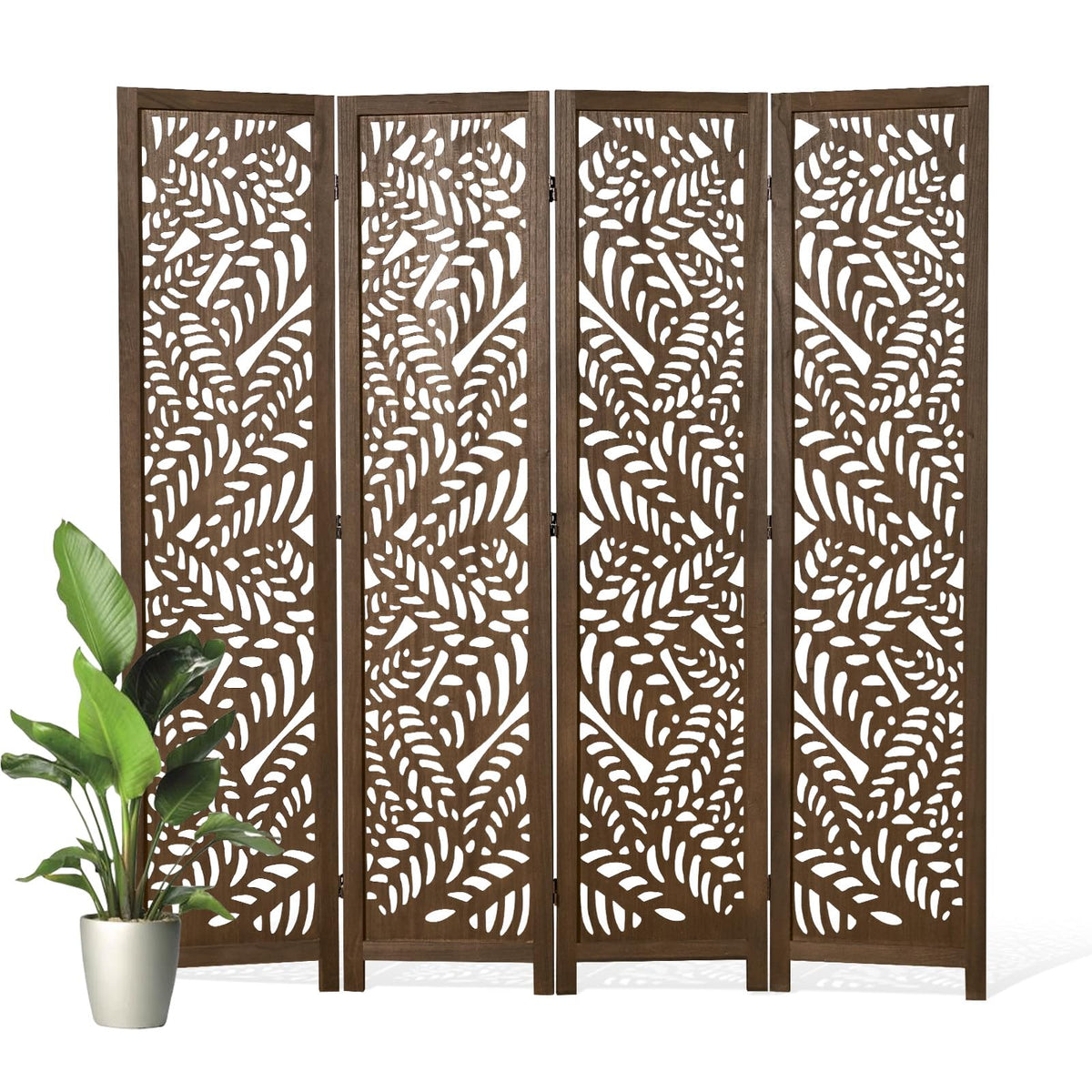 Leaf-Carved Room Divider Privacy Screen - 67 Inch Tall Foading Decorative Wood Screen Dividers Panel for Home - Natural Wood Room Partitions for Enhanced Privacy and Style Natural 4 Paned