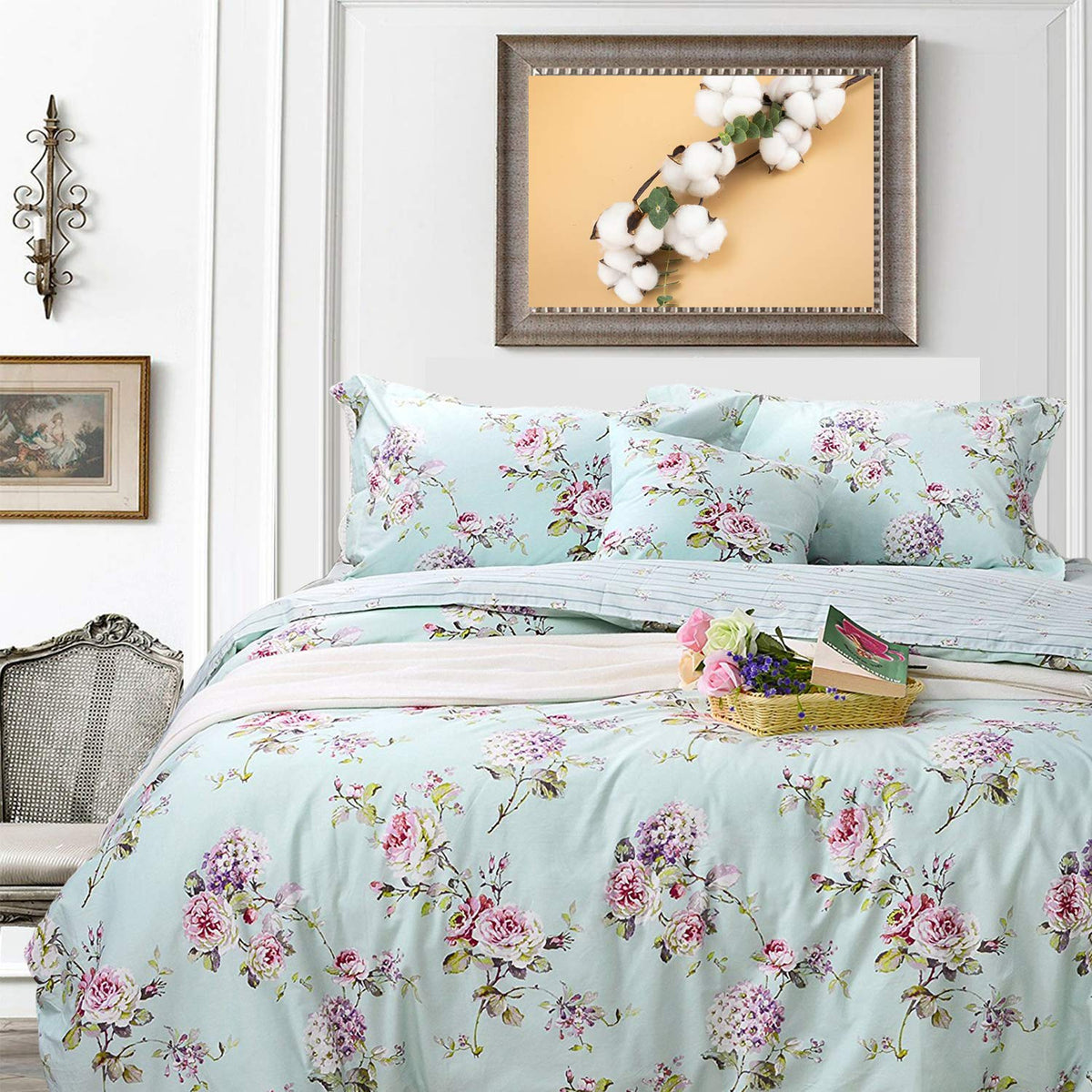 FADFAY Floral Duvet Cover Set 100% Cotton Green Striped and Beige Bedding White Flower Branches Print 600 TC Soft Reversible Zipper Bed Cover & 2 Pillowcases,King/Cal King(106x92)