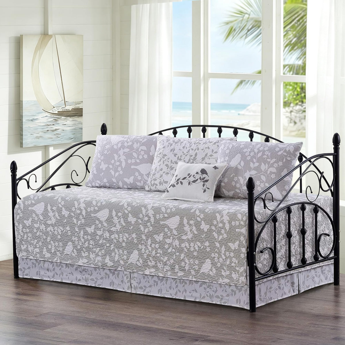HESTIN 4Pcs Sky Blue Scallop Daybed Cover Set 75"x39" Petunia Embroidery