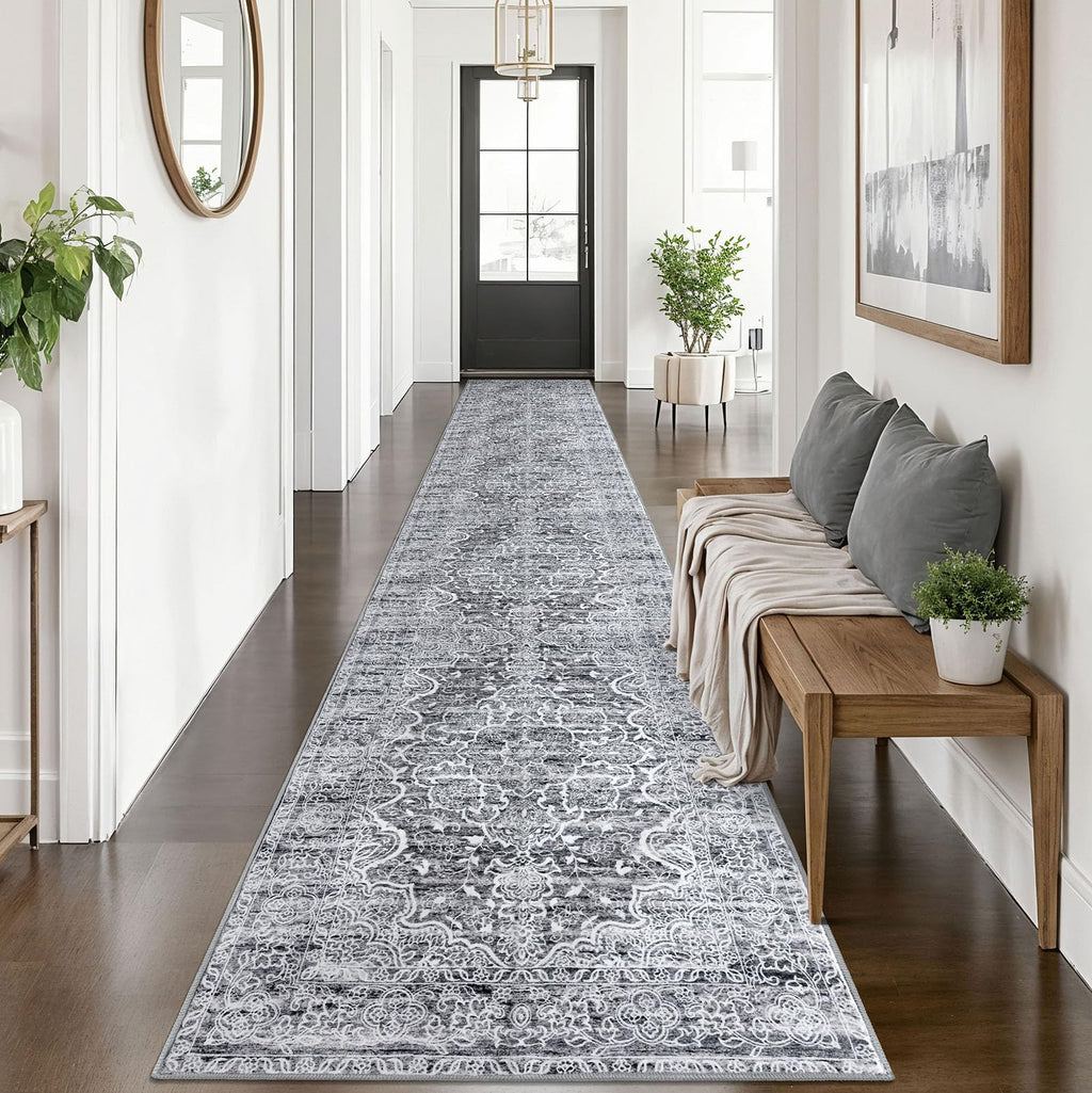 KUTA Vintage Extra Long Runners for Hallways 2.6x18ft Washable Blue White