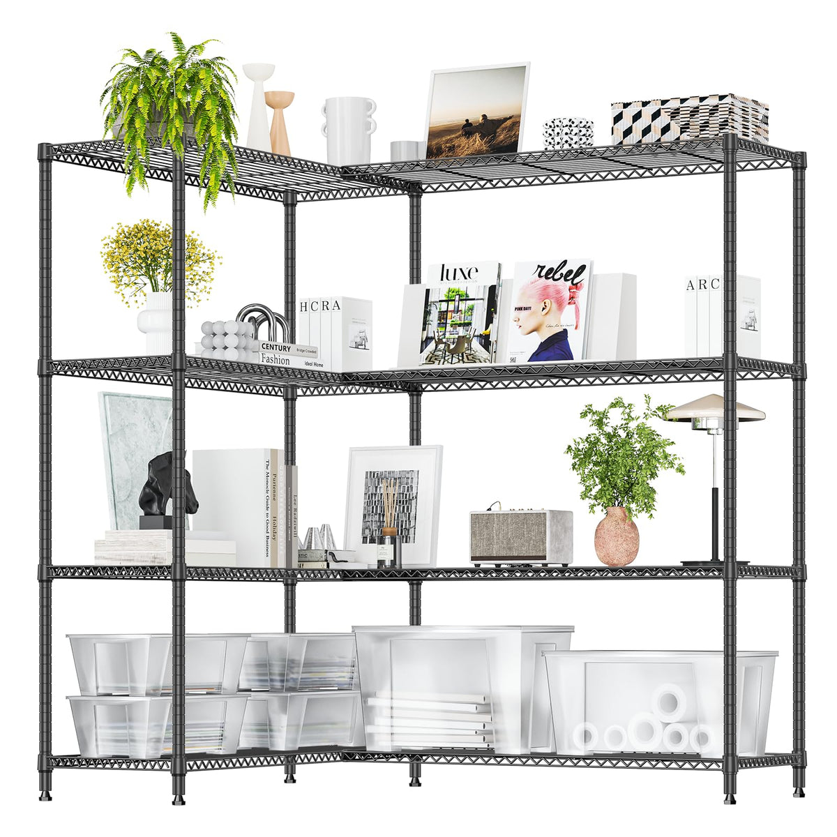 IZEUK 5-Tier Adjustable Heavy Duty Steel Wire Shelving Unit with Wheels, Storage Rack Organizer for Garage, Kitchen, Office, Laundry, Basement (Black, 17.7" D x 47.2" W x 76.7" H, 1750 lbs Capacity)