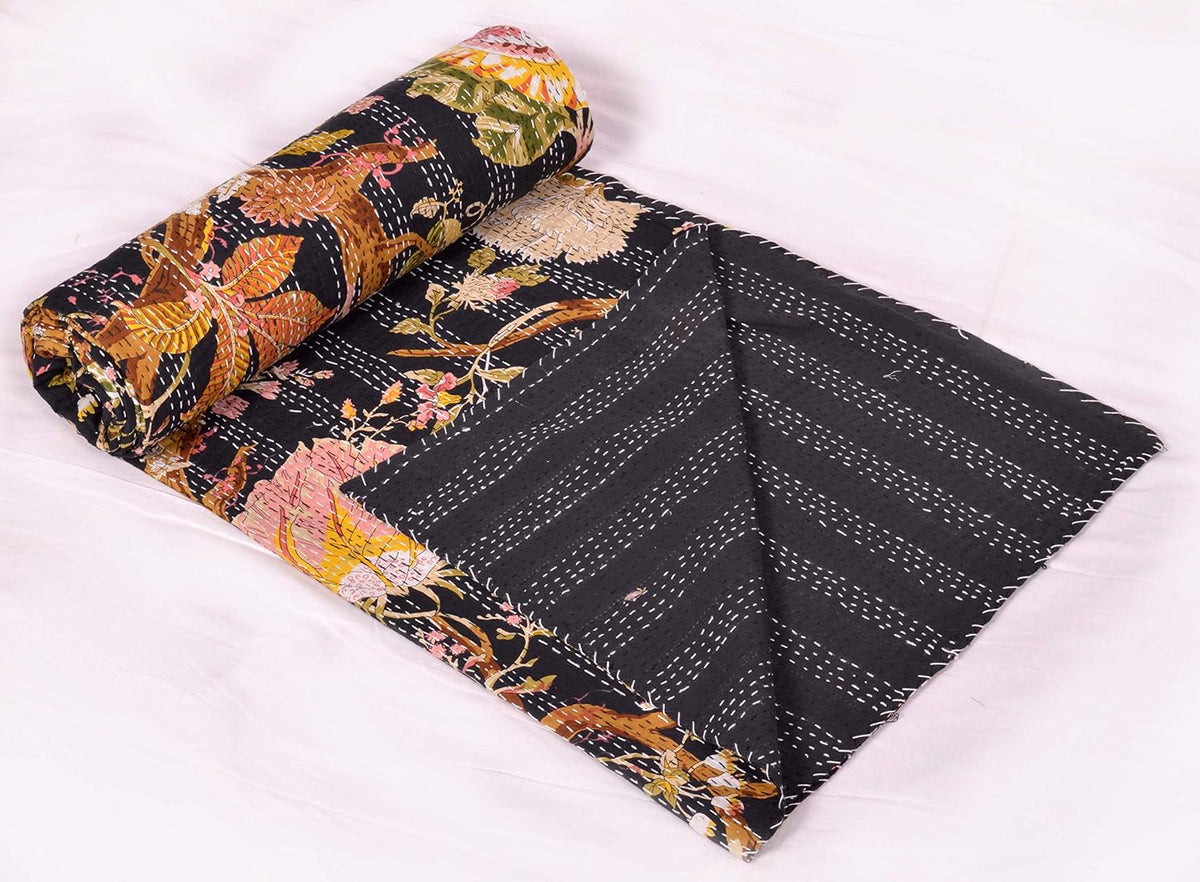 Indian Floral Print TwinQueen/King Size Kantha Quilt Kantha Blanket Bed Cover Kantha Bedspread Bohemian Bedding Kantha Blanket (Black, King (U.S. Standard))