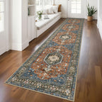 KUTA Vintage Extra Long Runners for Hallways 2.6x18ft Washable Blue White
