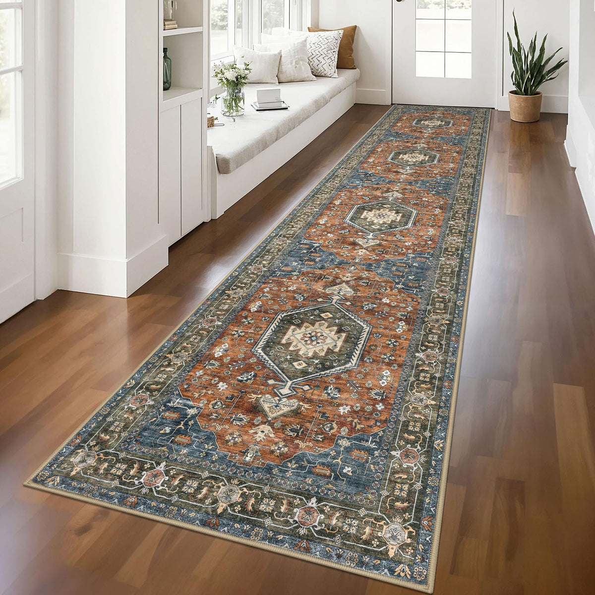 KUTA Vintage Extra Long Runners for Hallways 2.6x18ft Washable Blue White