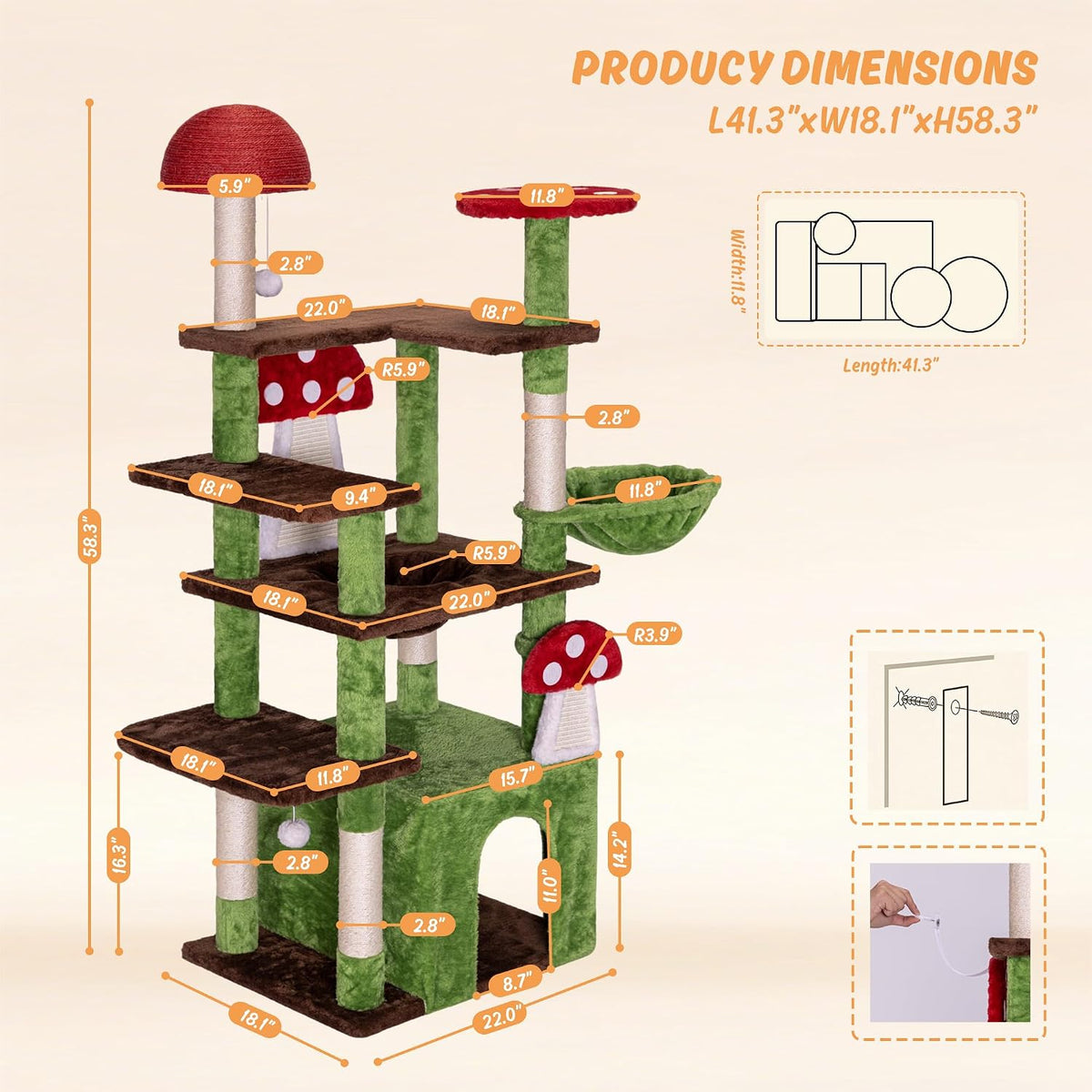 IRONCK 58" Cute Mushroom Cat Tree with Condo and Hammock