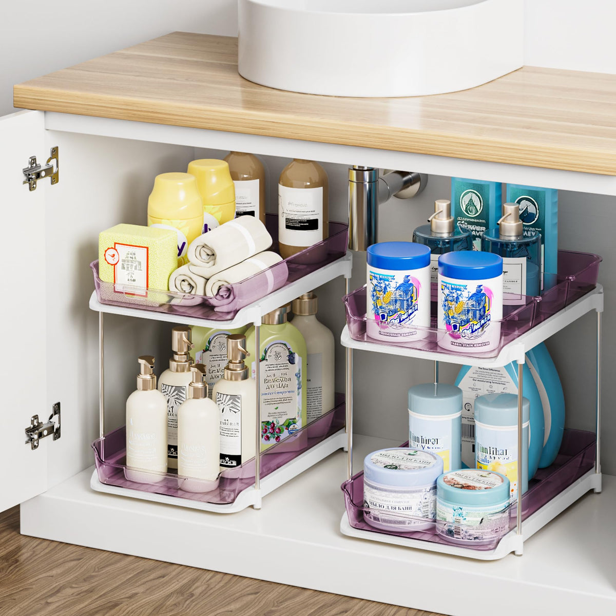 Delamu 2-Tier Multi-Purpose Bathroom Under Sink Organizers and Storage, Stackable Kitchen Pantry Organization, Pull Out Medicine Cabinet Organizer with Movable Dividers, White, 4Pack