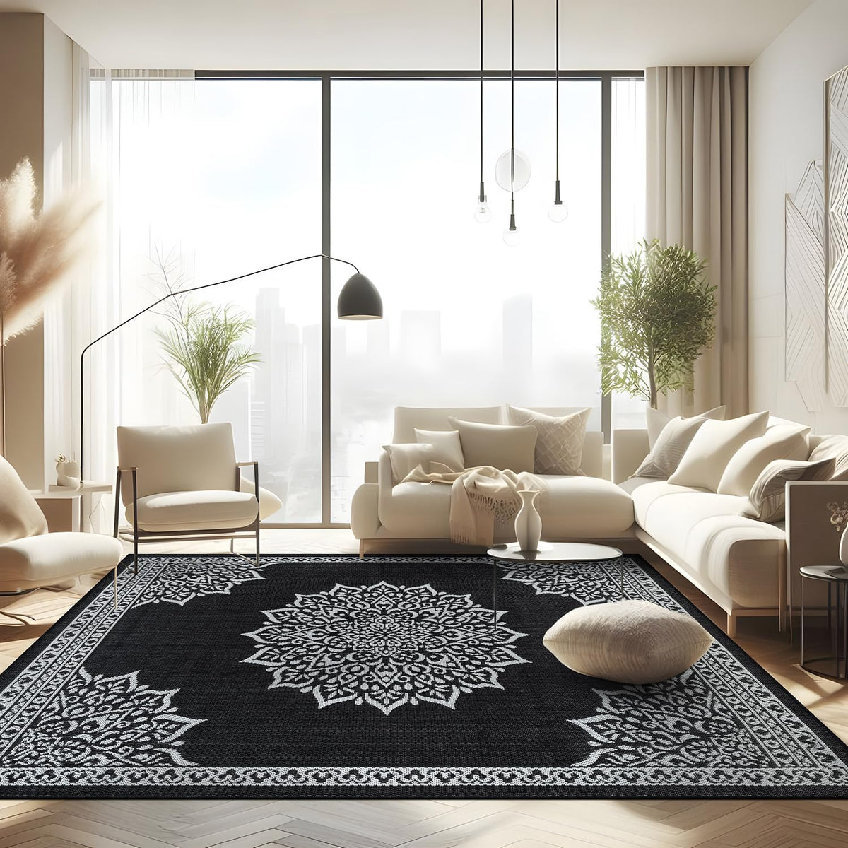 CAMILSON Outdoor Rug 6x9, Modern Outside Rugs for Patios Porches Waterproof Durable Washable Non-Shedding, Easy-to-Clean Indoor Outdoor Area Carpet (6 x 9, Bordered - Blue/White)