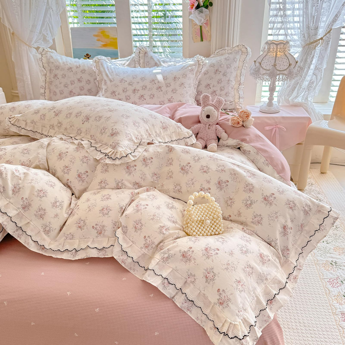 LifeTB Green Floral 100% Jersey Knit Cotton Duvet Cover Queen Vintage Style Botanical Floral Bedding Set Chic Shabby Green Floral Comforter Cover Girl Women Flower Bedding Cover with 2 Pillowcases